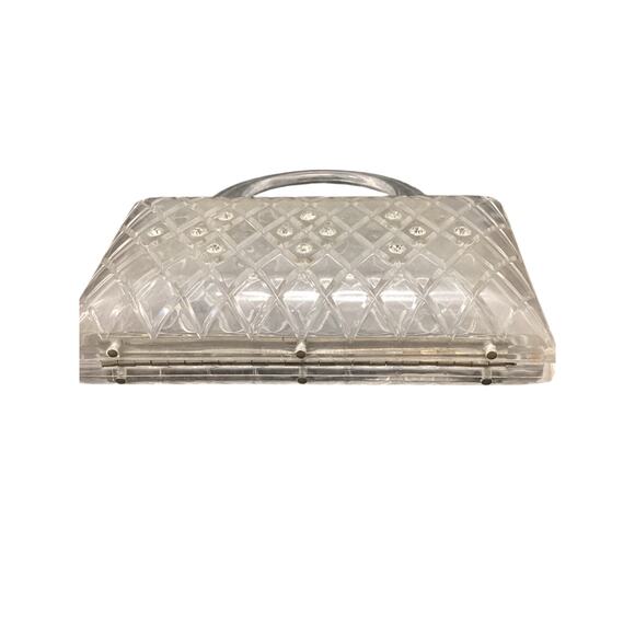 Beautiful Rare VTG 1950’ Clear Lucite Handbag Diamond Carved Inset Rhinestones - Picture 6 of 6